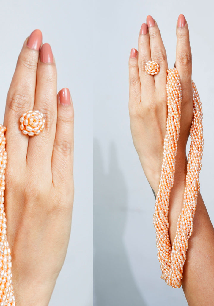 16 Strand Pink Rice Pearl Necklace and Earrings Set