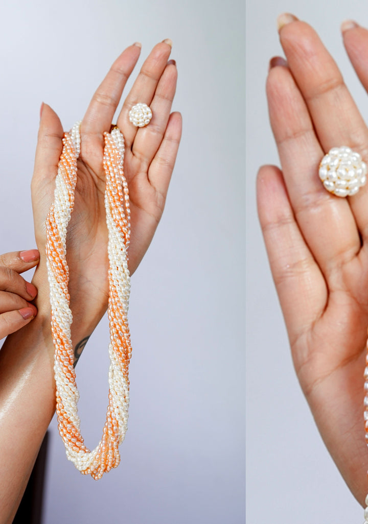 12 Strand Twisted White Peach Rice Pearls, Pure Pearls Necklace and Earring Set