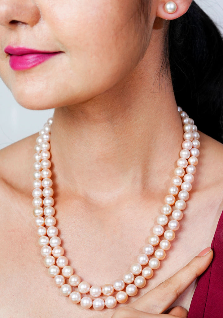 Two Strand Pink Round Pearl Necklace Set