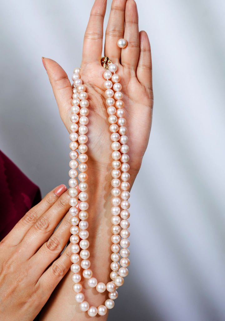 Two Strand Pink Round Pearl Necklace Set
