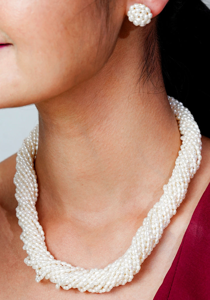 17 Strand Twisted White Rice Pearl Necklace and Earrings Set