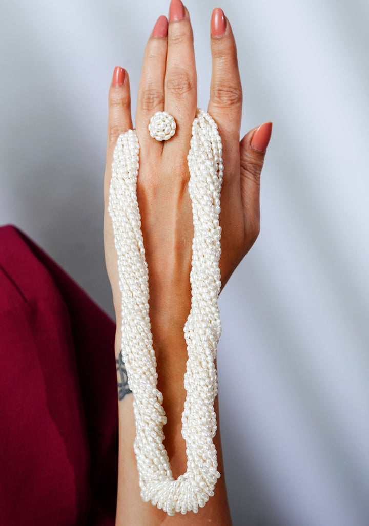 17 Strand Twisted White Rice Pearl Necklace and Earrings Set