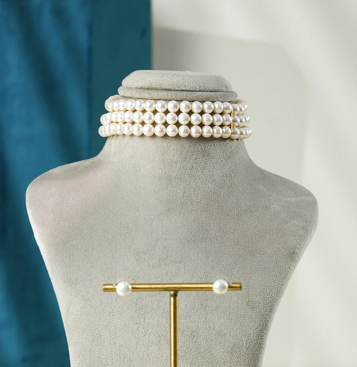 Radiant White Pearl 3 strand Choker Set