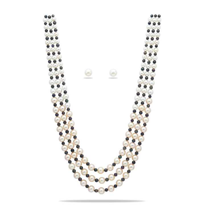 Three Strand Freshwater Sassy Multicolor Round Pearl Necklace Set