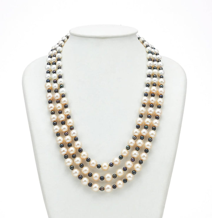 Three Strand Freshwater Sassy Multicolor Round Pearl Necklace Set