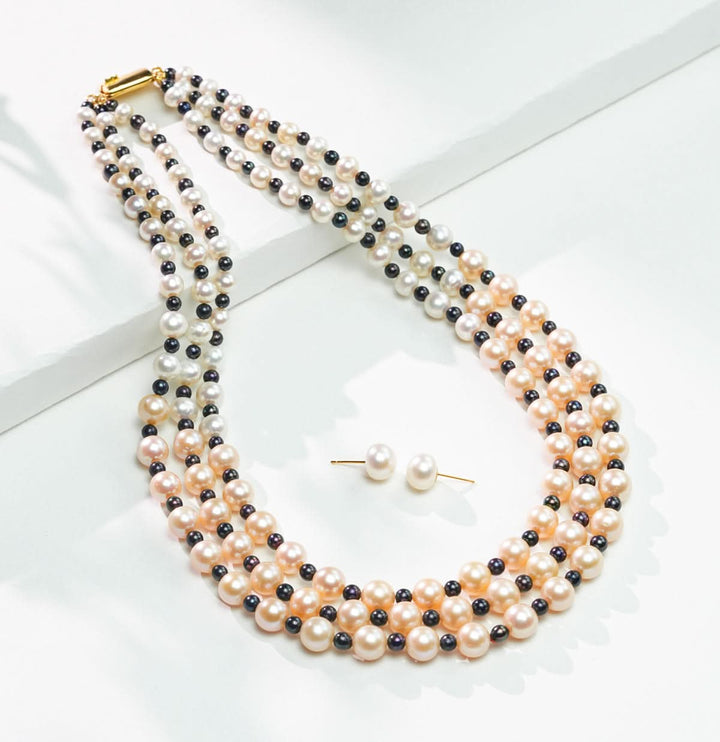 Three Strand Freshwater Sassy Multicolor Round Pearl Necklace Set