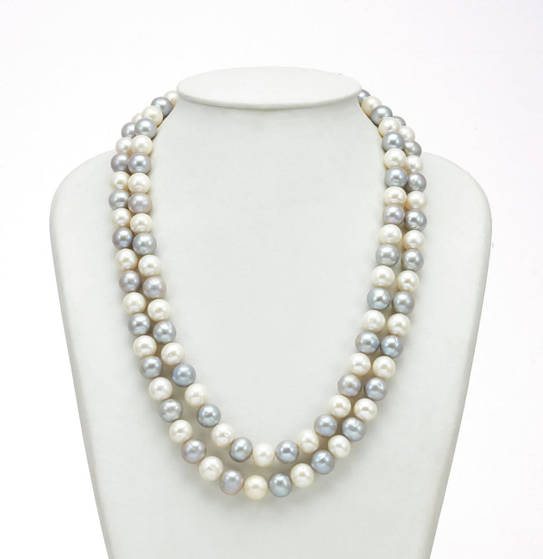 Two Strand Freshwater Glittering Gray and White Pearl Necklace Set