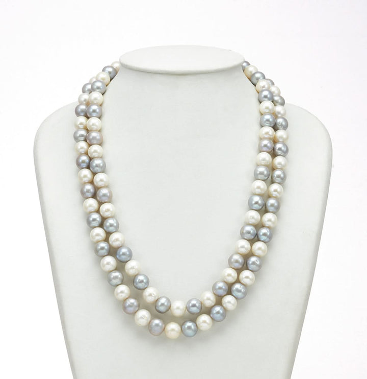 Two Strand Freshwater Glittering Gray and White Pearl Necklace Set