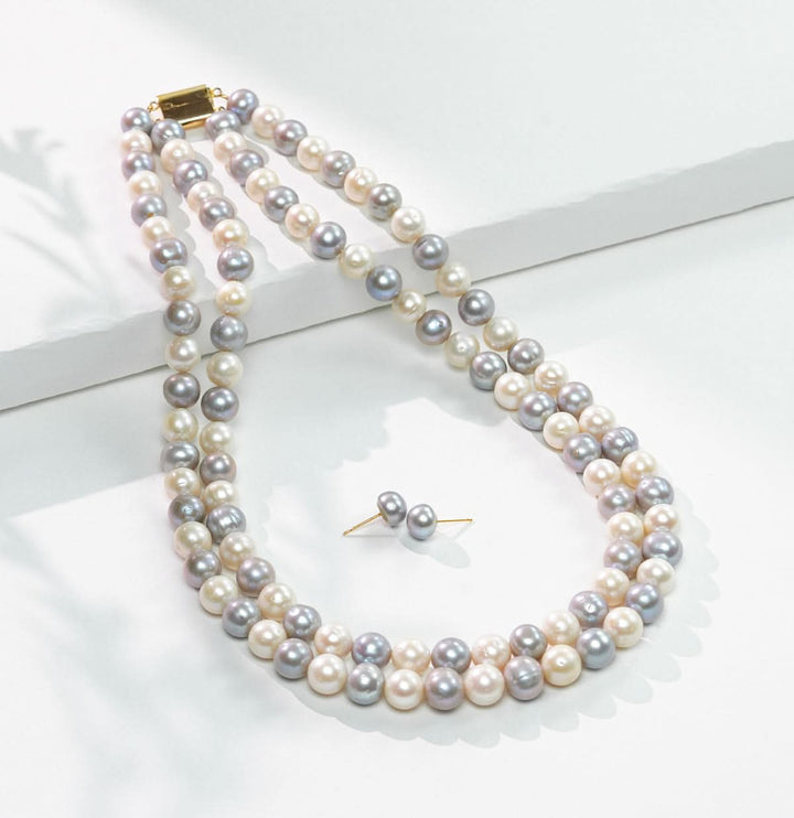 Two Strand Freshwater Glittering Gray and White Pearl Necklace Set