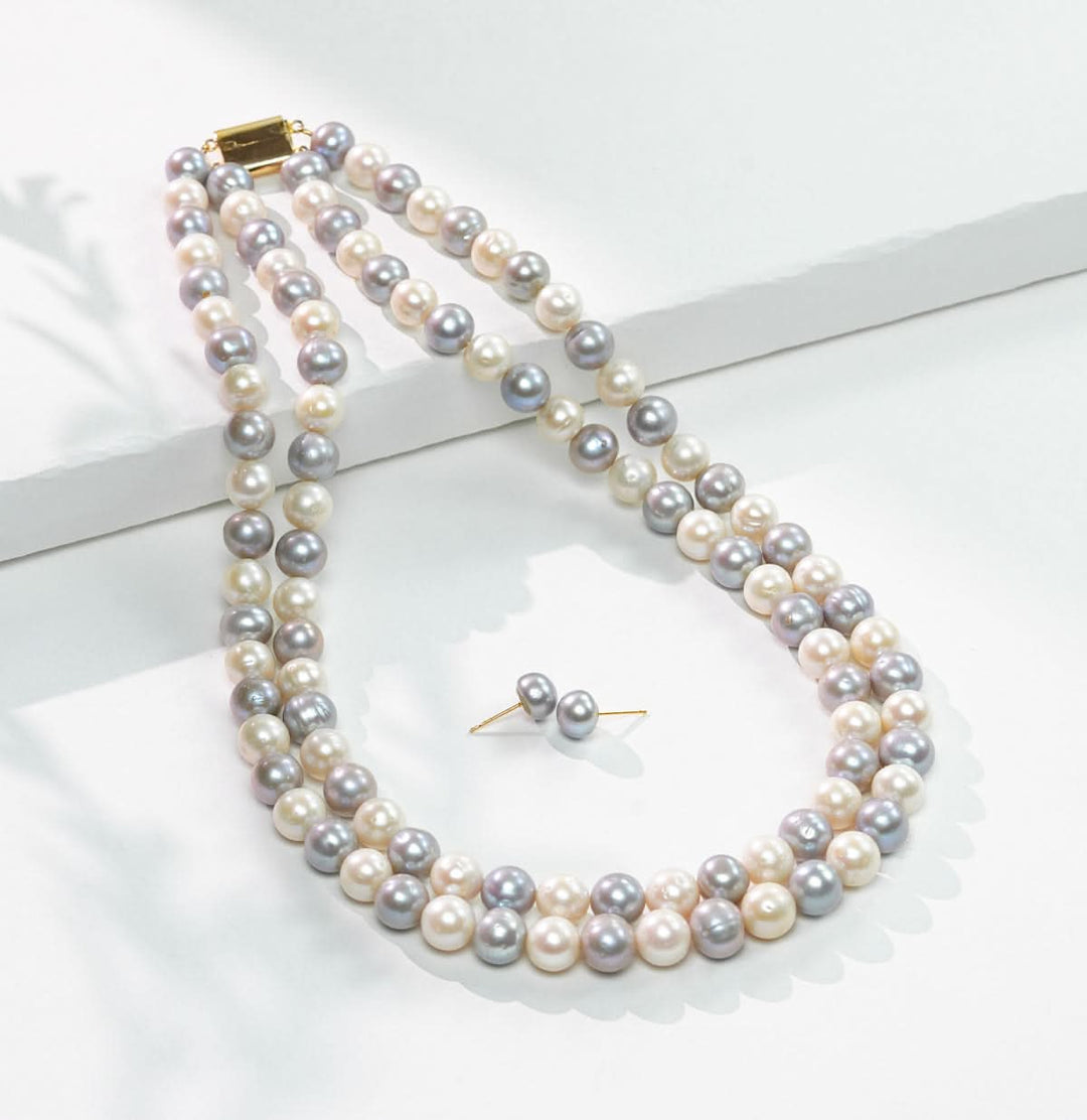 Two Strand Freshwater Glittering Gray and White Pearl Necklace Set