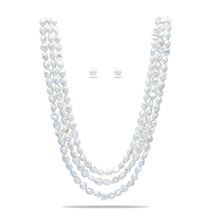 Three Strand Freshwater White Round Grading Pearl Necklace Set