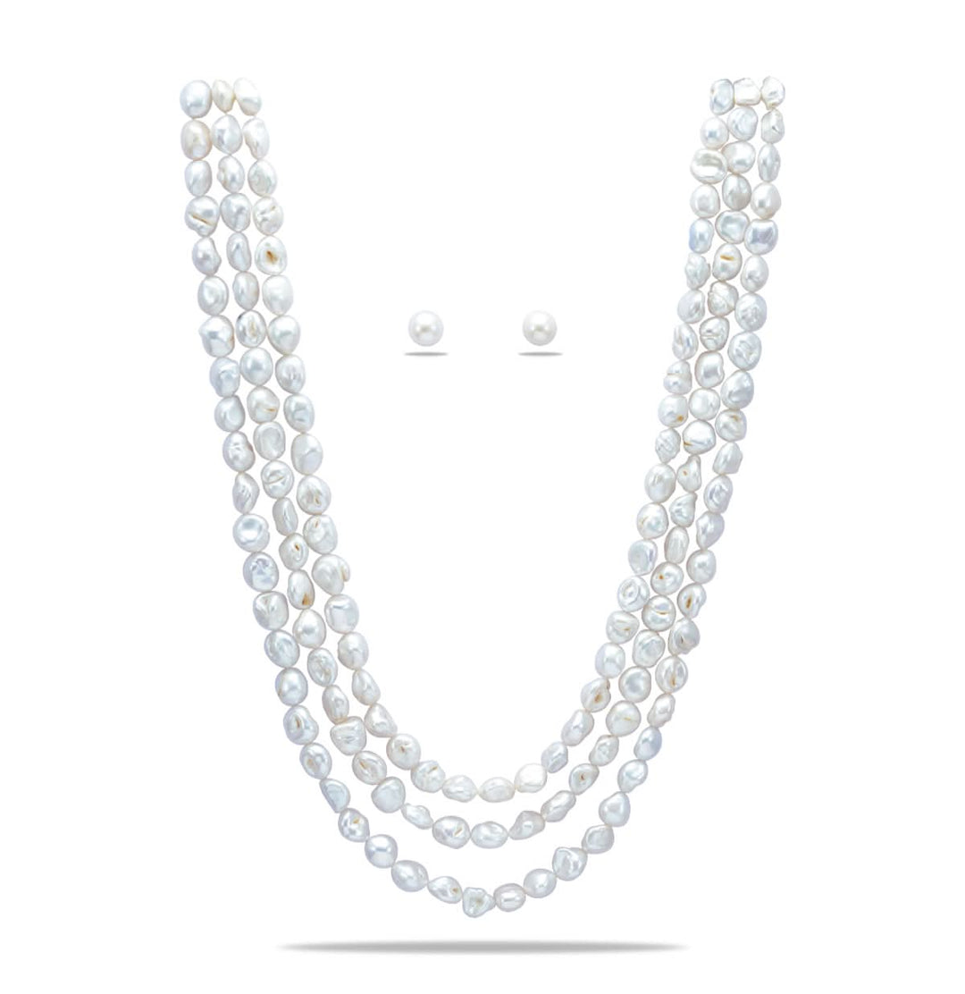 Three Strand Freshwater White Round Grading Pearl Necklace Set