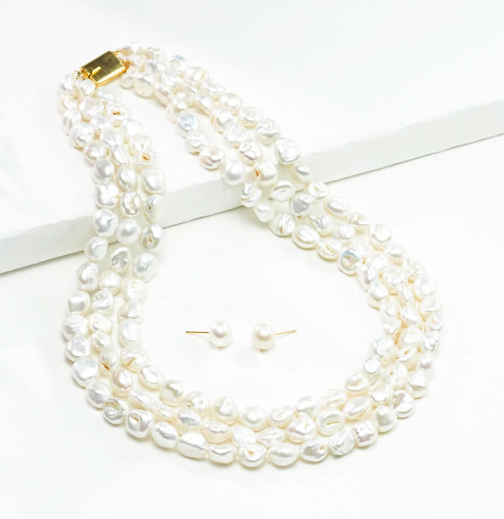 Three Strand Freshwater White Round Grading Pearl Necklace Set