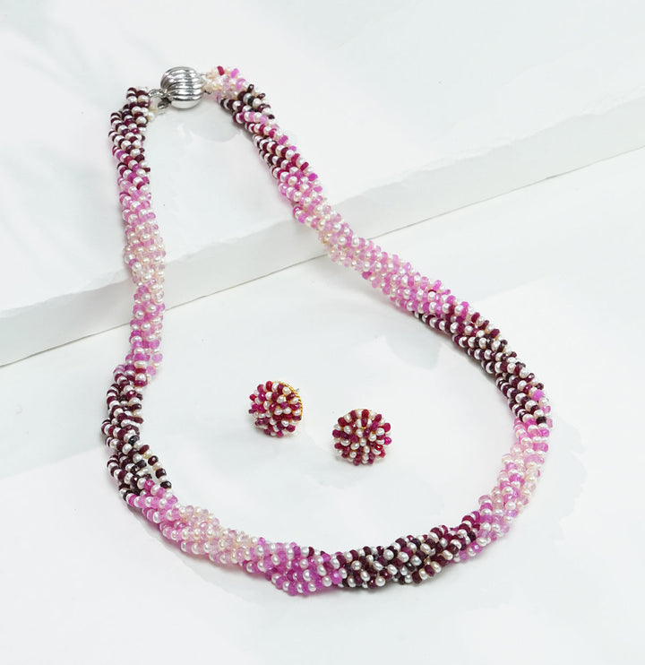Shaded Real Ruby and Pearls Multistrand Necklace Set