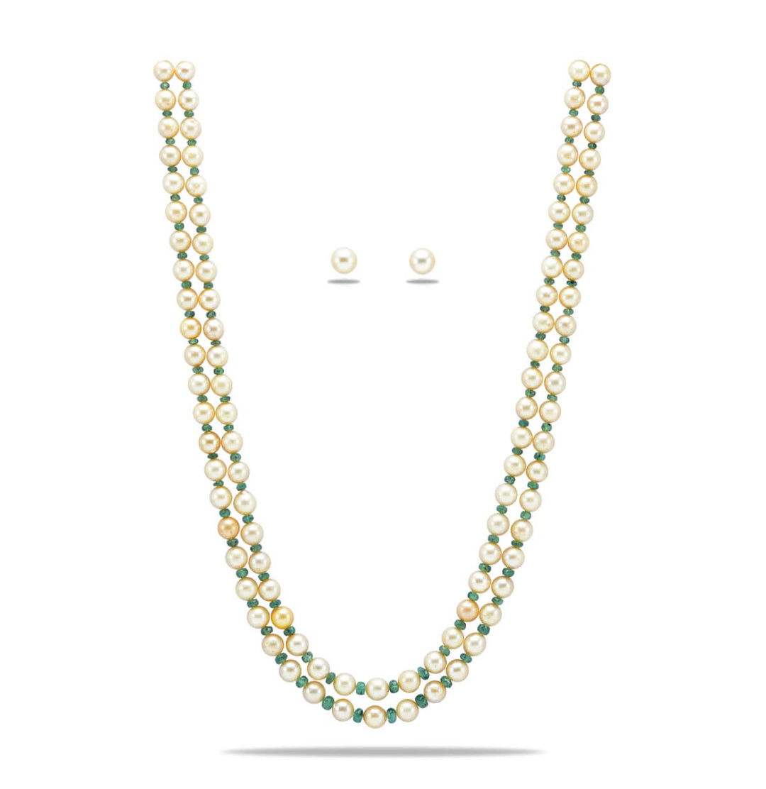 Gold shade Favorite Pearls And Real Emerald Necklace Set