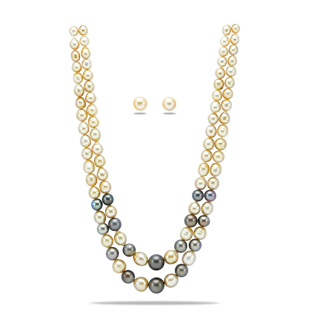AAA Quality South Sea Pearls -Two Strands Grading Multicolor Necklace Set