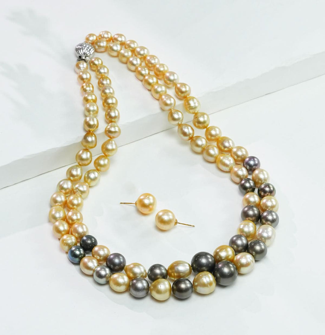 AAA Quality South Sea Pearls -Two Strands Grading Multicolor Necklace Set