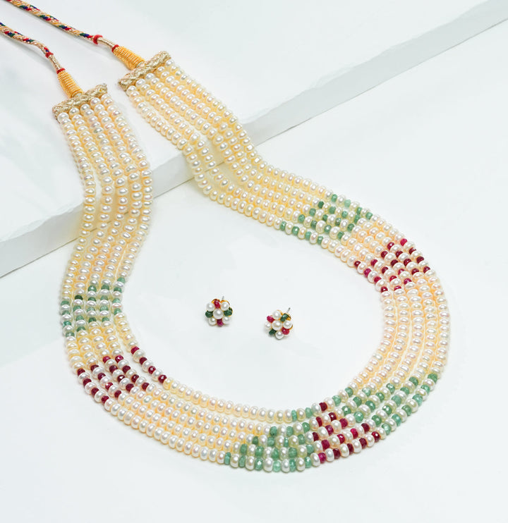 Real Ruby Emerald and Pearls Necklace and earring  set