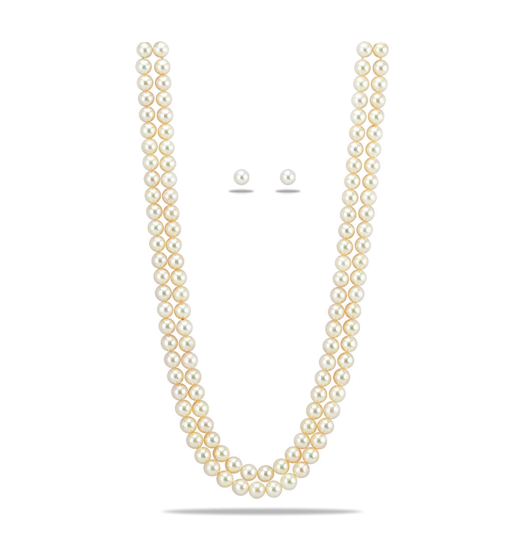Double Strand Round White Saltwater Akoya Pearls Necklace Set