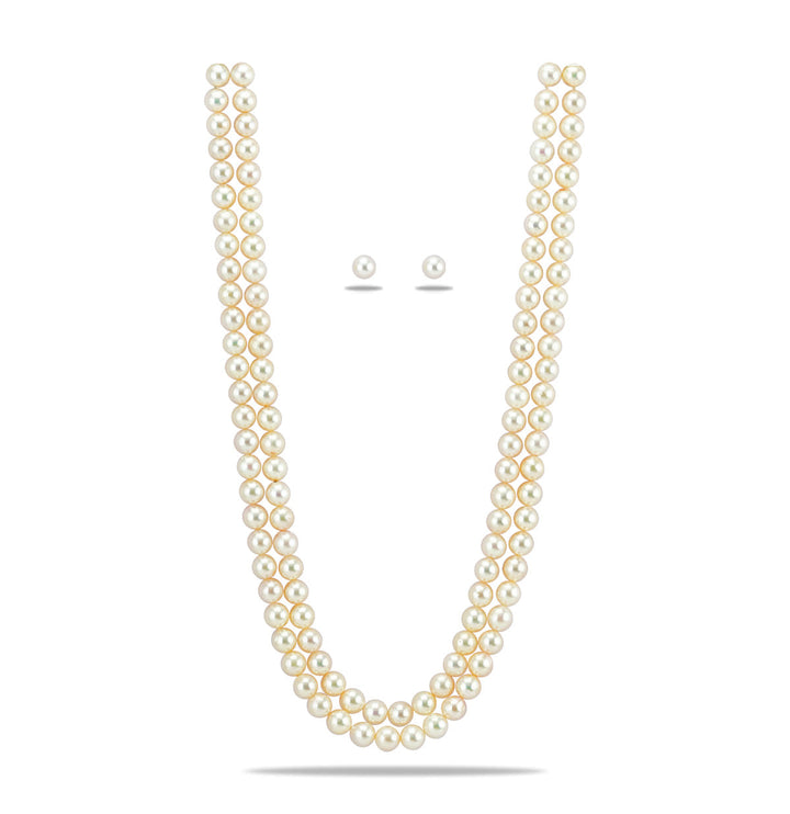 Double Strand Round White Saltwater Akoya Pearls Necklace Set