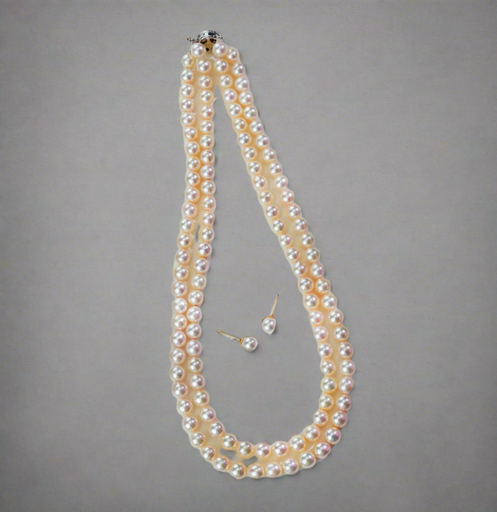 Double Strand Round White Saltwater Akoya Pearls Necklace Set