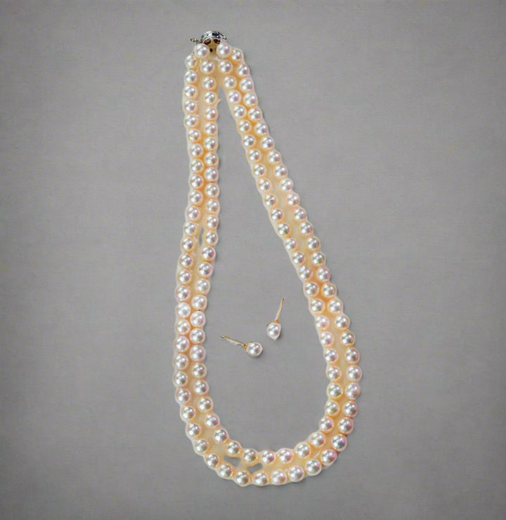 Double Strand Round White Saltwater Akoya Pearls Necklace Set