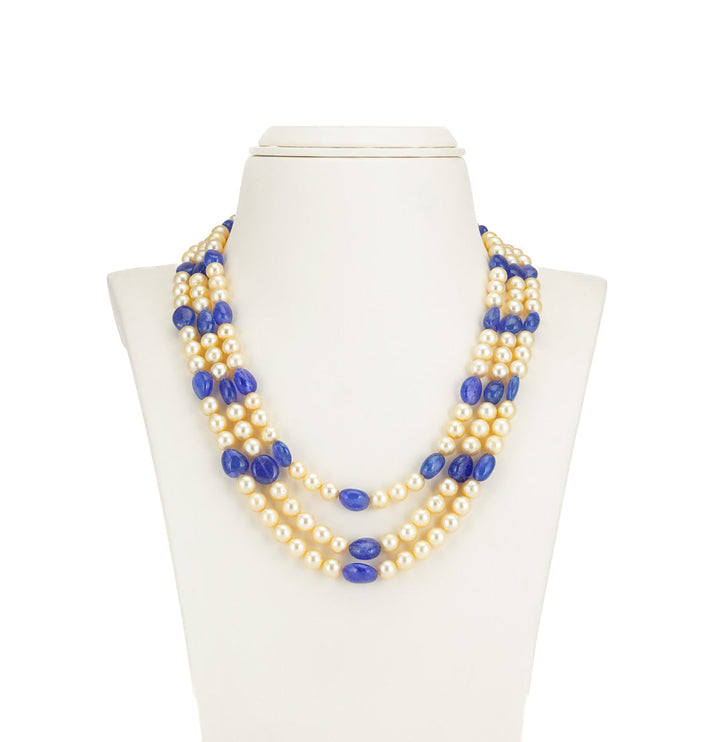 3 Strand Real Tanzanite Beads and Golden Saltwater Akoya Pearls Necklace Set
