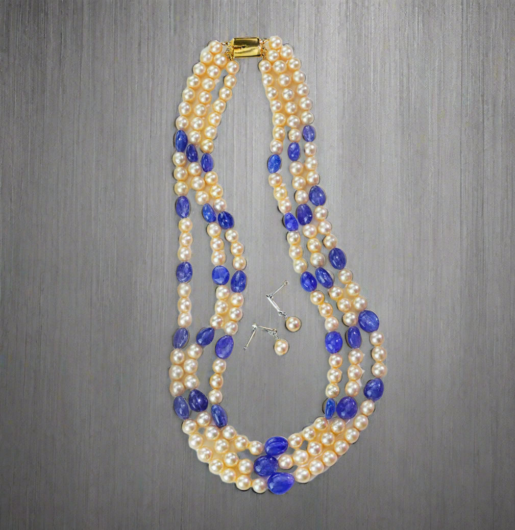 3 Strand Real Tanzanite Beads and Golden Saltwater Akoya Pearls Necklace Set