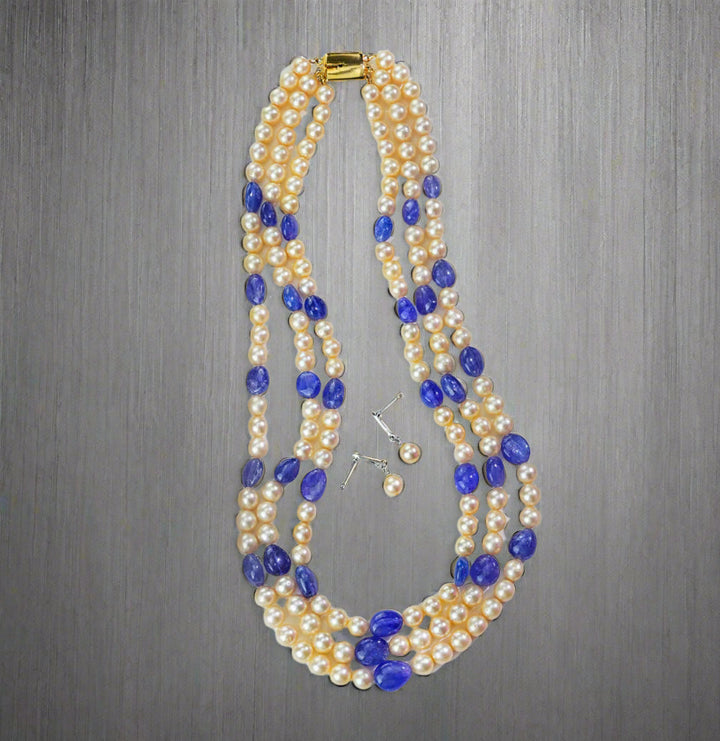 3 Strand Real Tanzanite Beads and Golden Saltwater Akoya Pearls Necklace Set
