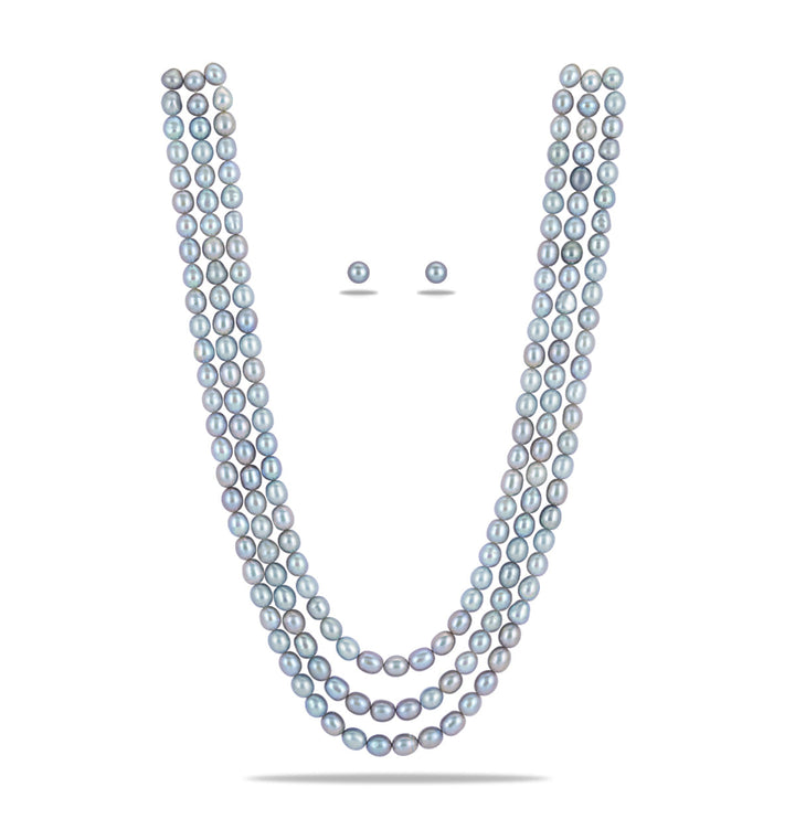 3 Strand Iridescent Gray Oval Pearl Necklace Set