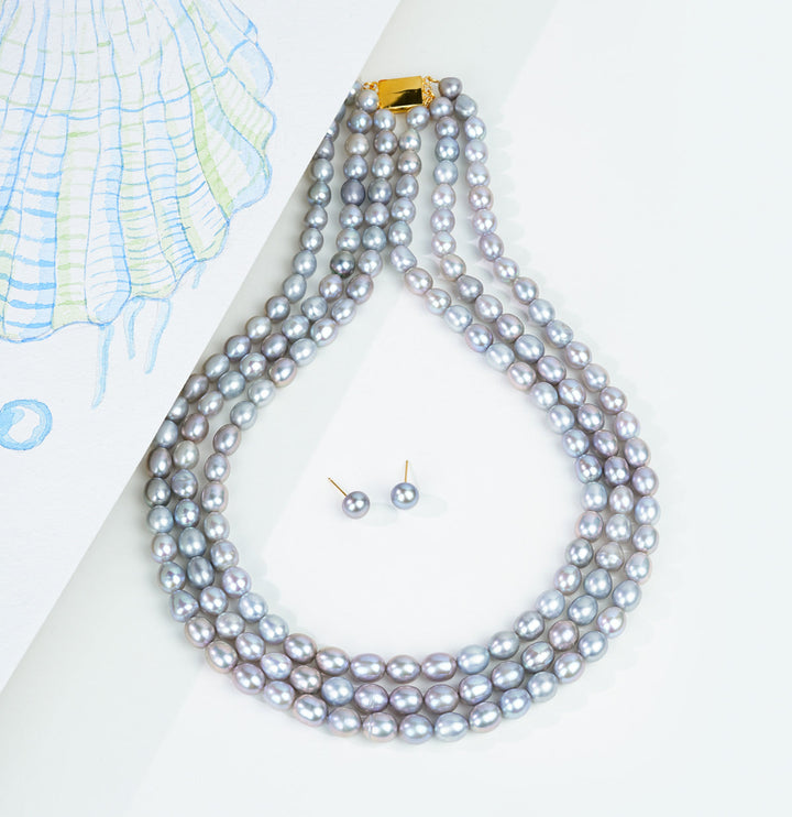 3 Strand Iridescent Gray Oval Pearl Necklace Set
