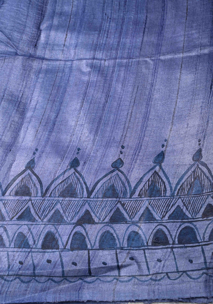 Blue Desi Tussar Silk Madhubani Painting Saree  | SILK MARK CERTIFIED