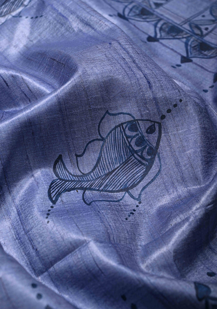 Blue Desi Tussar Silk Madhubani Painting Saree  | SILK MARK CERTIFIED