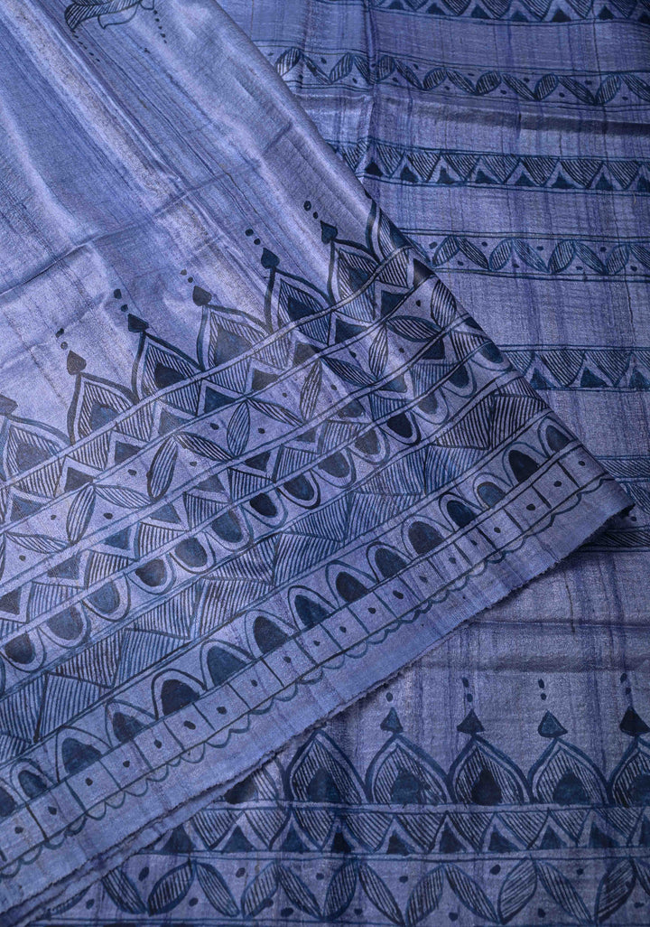 Blue Desi Tussar Silk Madhubani Painting Saree  | SILK MARK CERTIFIED