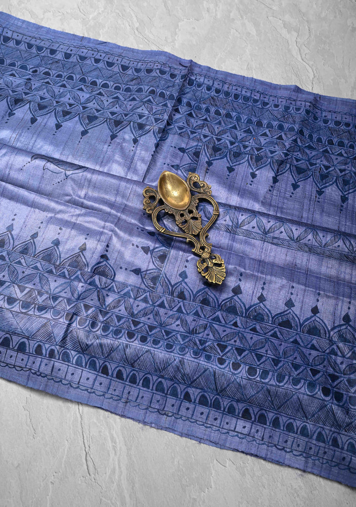 Blue Desi Tussar Silk Madhubani Painting Saree  | SILK MARK CERTIFIED