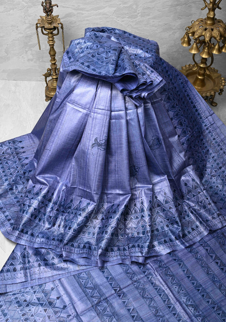 Blue Desi Tussar Silk Madhubani Painting Saree  | SILK MARK CERTIFIED