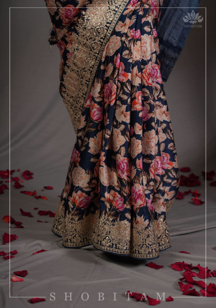 Navy Blue Gajji Silk Saree with Floral Print and Crushed Zari Pallu