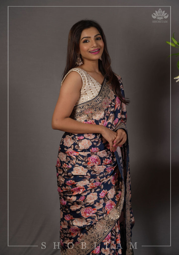 Navy Blue Gajji Silk Saree with Floral Print and Crushed Zari Pallu