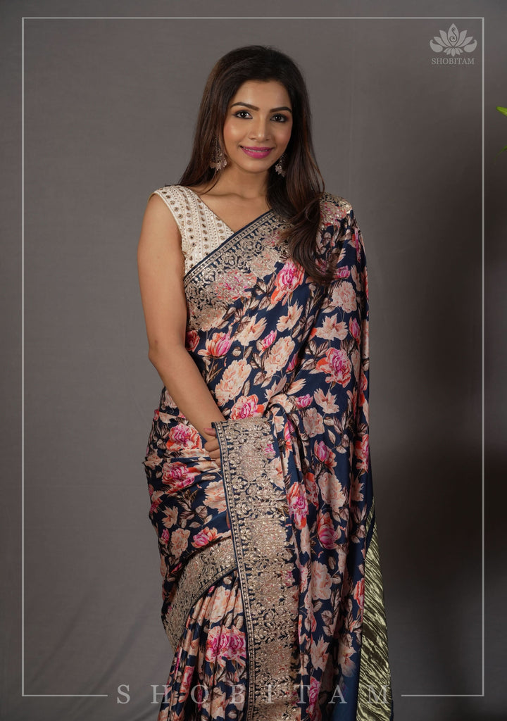Navy Blue Gajji Silk Saree with Floral Print and Crushed Zari Pallu
