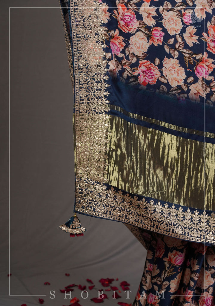 Navy Blue Gajji Silk Saree with Floral Print and Crushed Zari Pallu