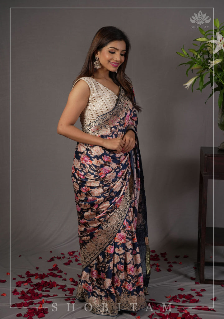 Navy Blue Gajji Silk Saree with Floral Print and Crushed Zari Pallu