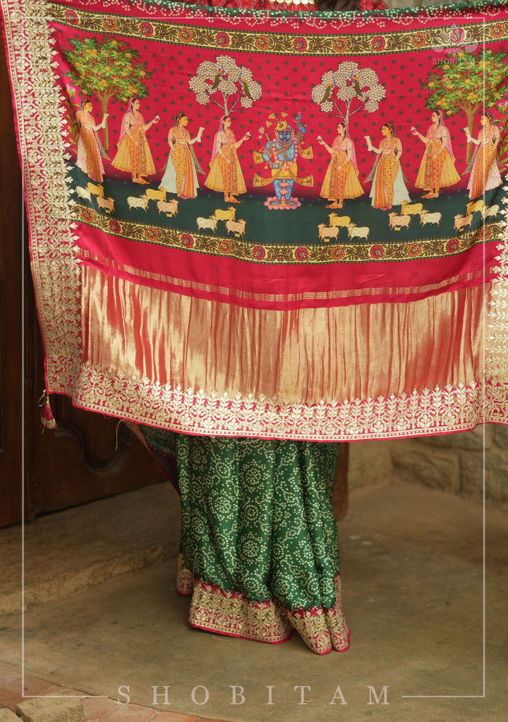 Gajji Silk Saree with Bandhni and Pichwai  Print and Crushed Zari Border in Green | Sarees By Shobitam