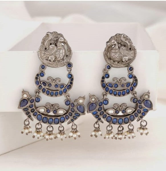92.5 Silver Stunning Peacock and Chandbali design Silver Earring with Blue stone details and dangling Silver beads