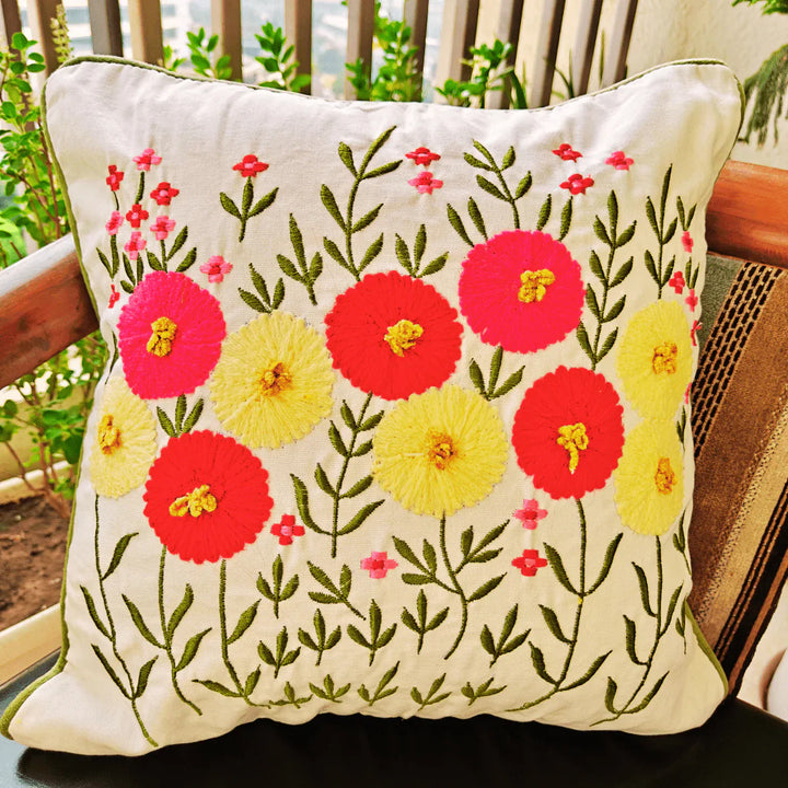 Flora Embroidered Cushion Cover, 16" x 16", Ecru, Pack of 1