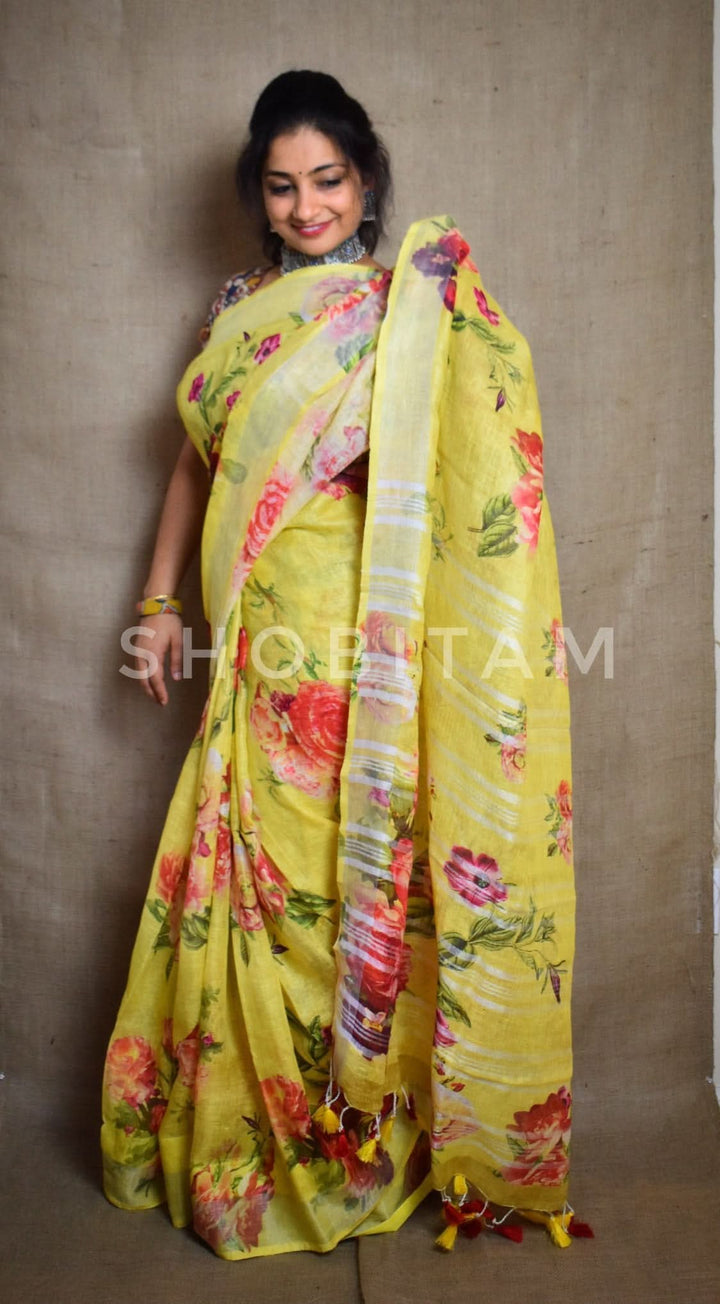 Yellow Linen Sareewith Floral Digital Print