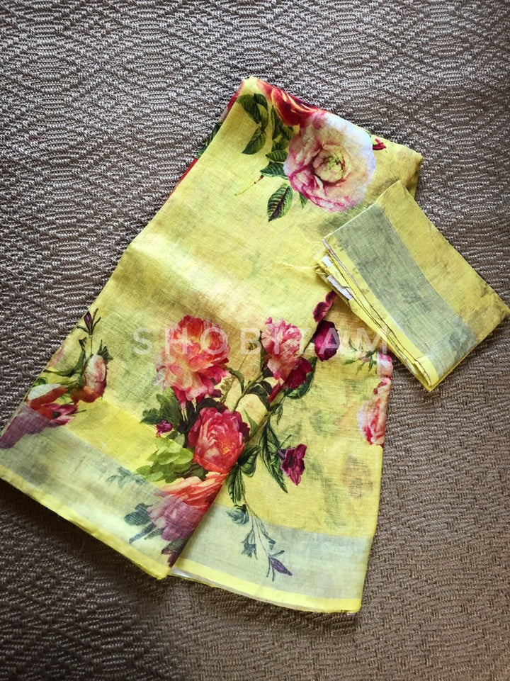 Yellow Linen Sareewith Floral Digital Print