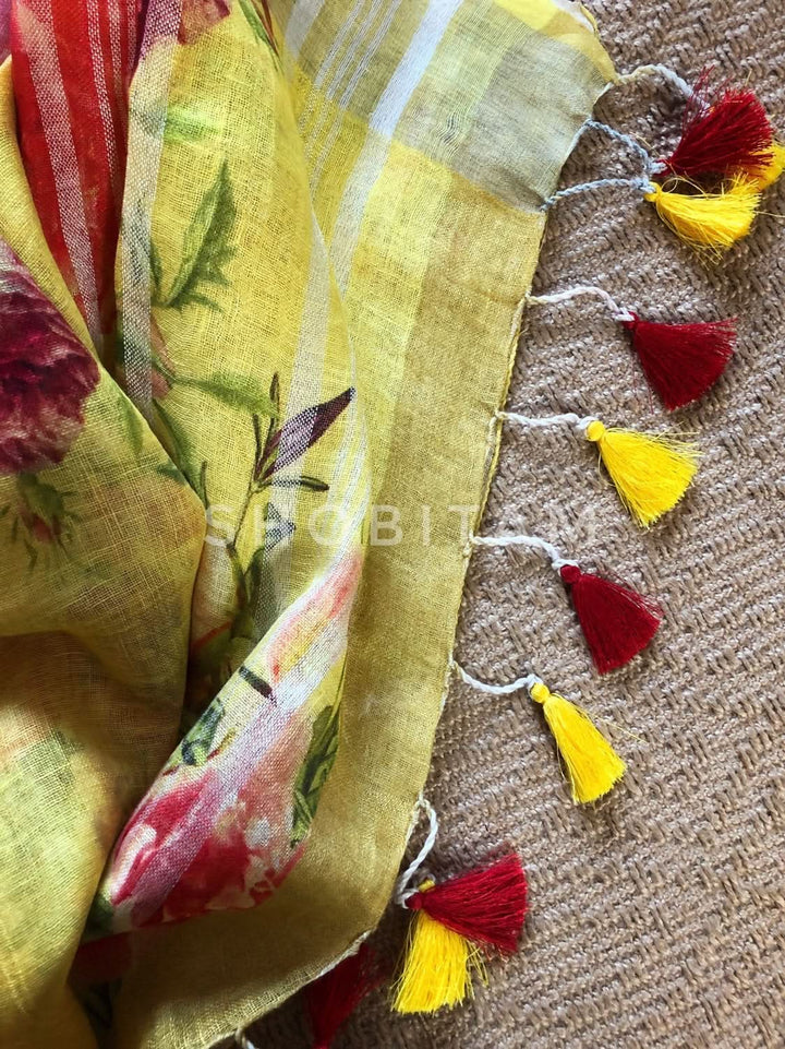 Yellow Linen Sareewith Floral Digital Print