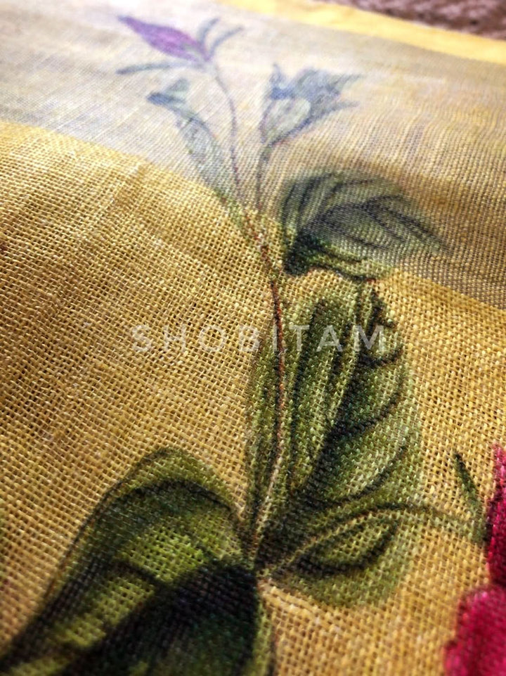 Yellow Linen Sareewith Floral Digital Print