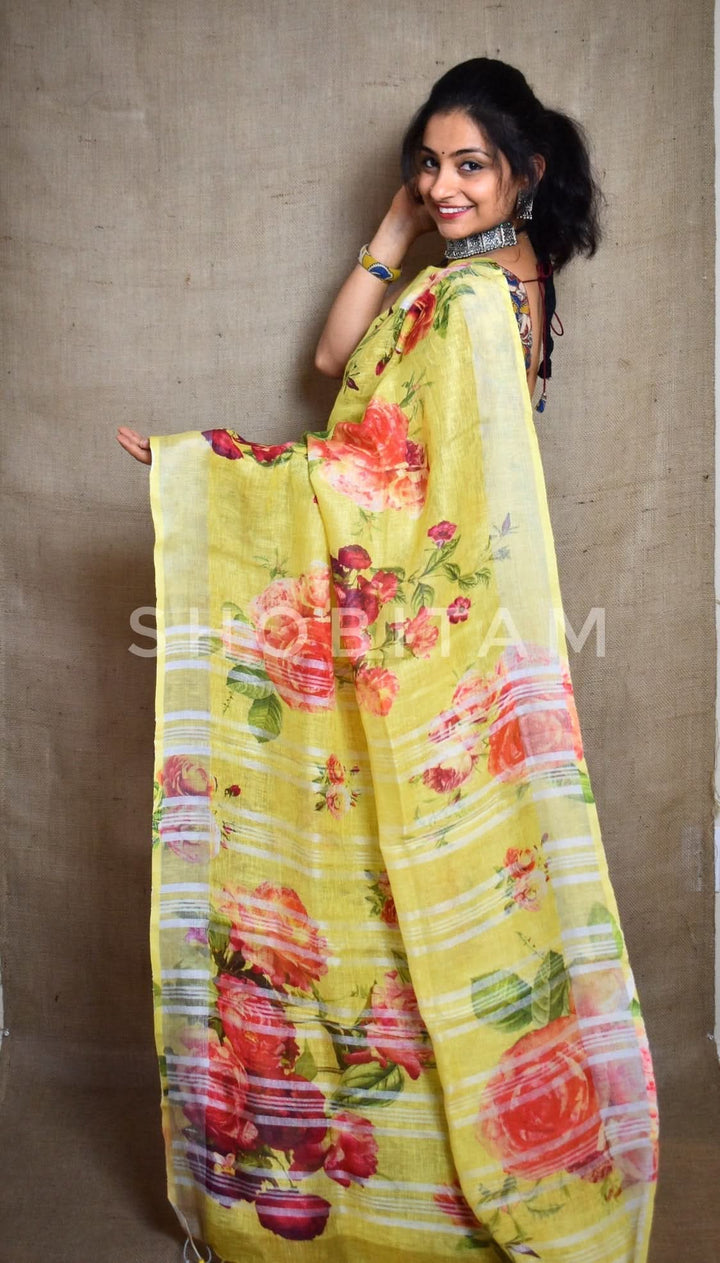 Yellow Linen Sareewith Floral Digital Print