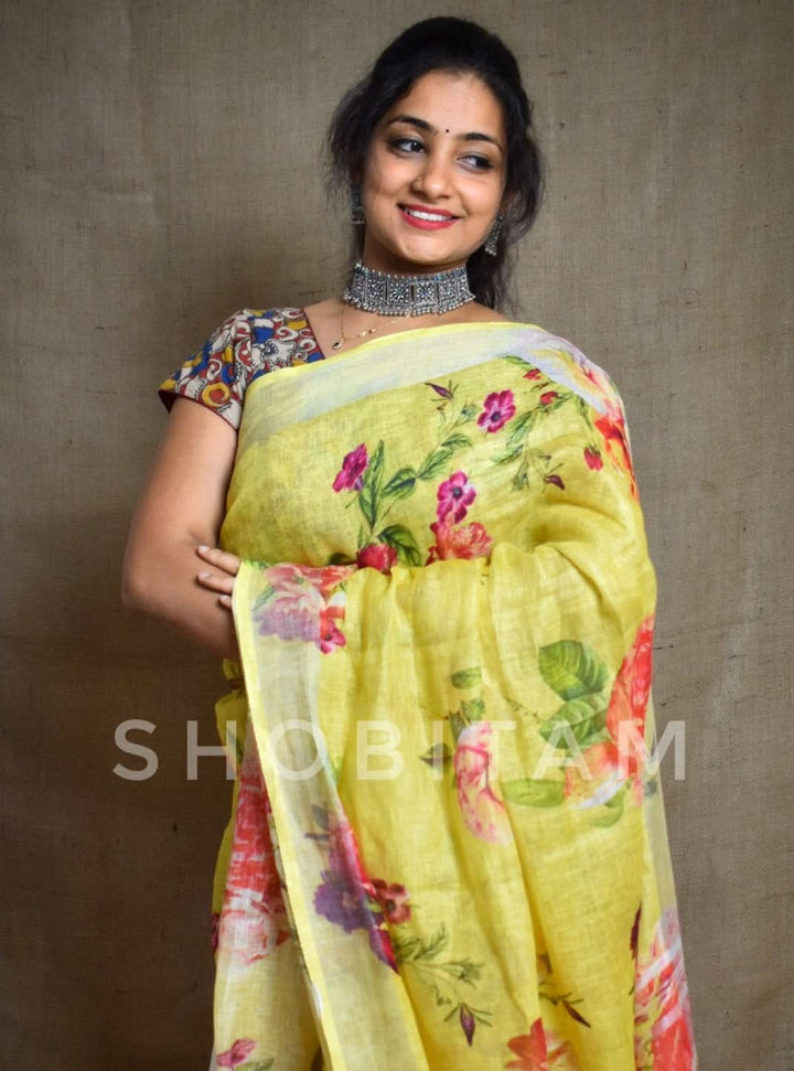 Yellow Linen Sareewith Floral Digital Print